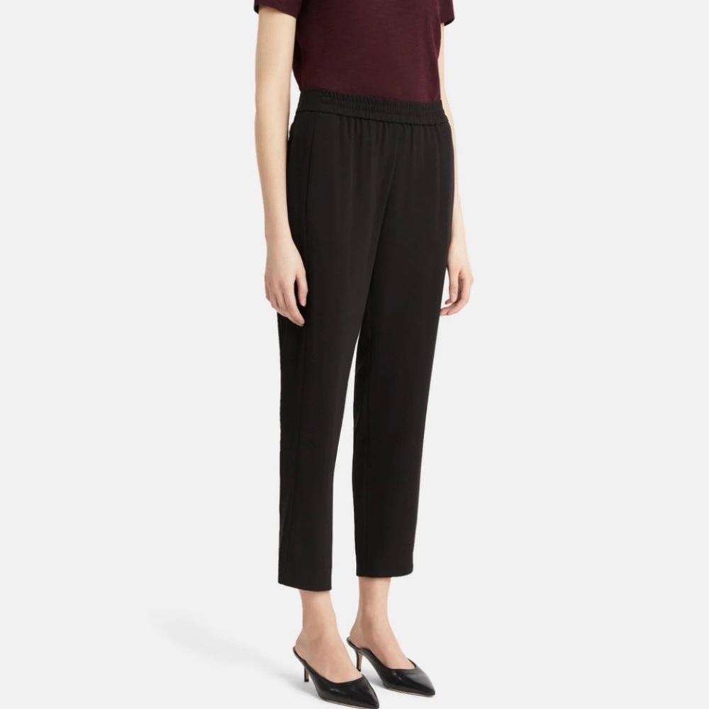 Theory Korene Ankle Pant Trousers in Crepe Black Cropped Elastic-Waist Sz L